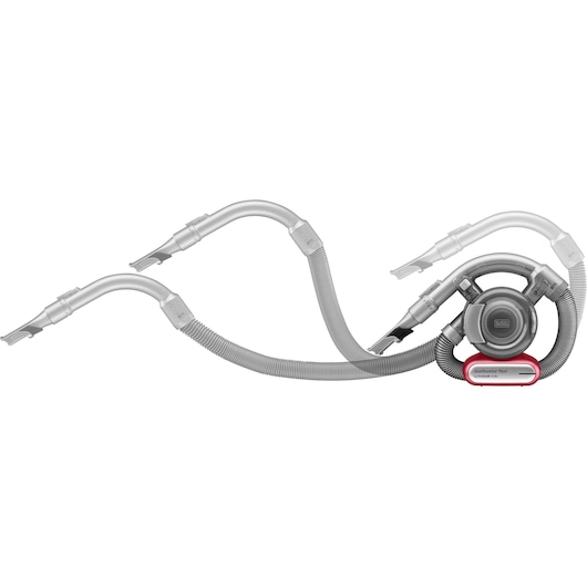 A BLACK+DECKER handheld vacuum cleaner model PD1020L with an extended flexible hose and attachments, designed for portable cleaning.