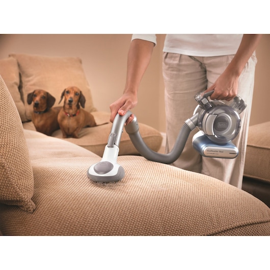 BLACKDECKER PD1420LP handheld vacuum cleaning beige sofa upholstery with two dogs in background.