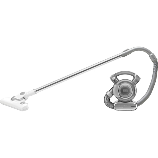 BLACKDECKER PD1820LF cordless vacuum cleaner, silver and white, side angle, photography on white background.