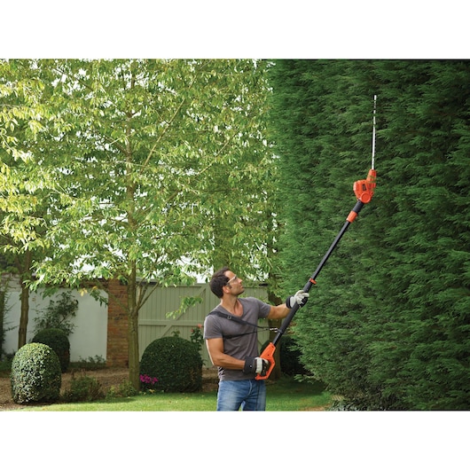 BLACKDECKER PH5551 pole hedge trimmer used by a person trimming tall green hedge in garden.