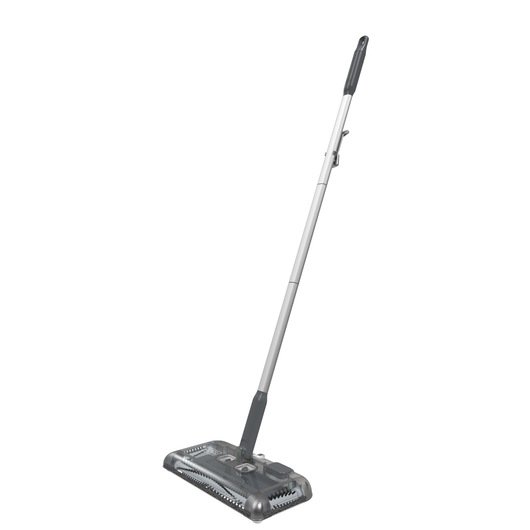 A BLACK+DECKER floor sweeper with a grey and black handle and rectangular base, designed for cleaning hard floors and carpets.