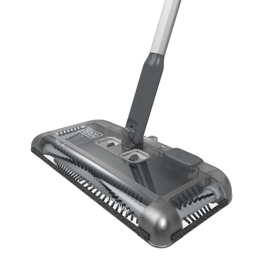 Close-up image of a BLACK+DECKER floor sweeper with a grey handle and transparent casing showing internal brushes.