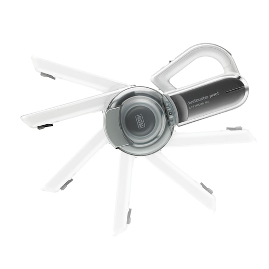 A BLACK+DECKER dustbuster pivot lithium 18V handheld vacuum cleaner is shown with its pivoting nozzle extended in multiple positions, demonstrating its versatility on a white background.