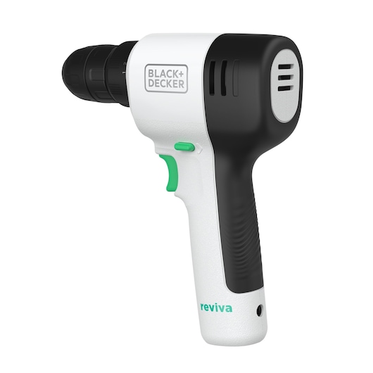 BLACKDECKER REVDD12C cordless drill, black and white with green accents, side angle on white background.