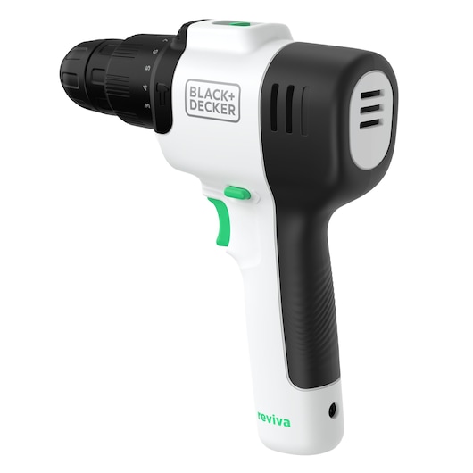 BLACK+DECKER REVHD12C cordless drill, white and black, side angle on white background.
