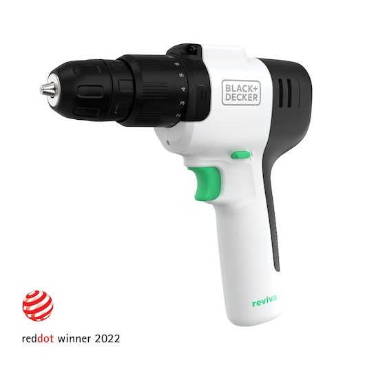 A BLACK+DECKER cordless drill, model REVHD12C, with a white and black body and green accents. The drill is shown from the side, prominently displaying the BLACK+DECKER logo. There is a red dot indicating it is a Red Dot Award winner for 2022.