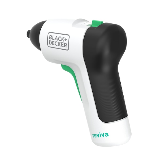 BLACK+DECKER REVSD4C cordless screwdriver, black and white with green accents, angled on white background.