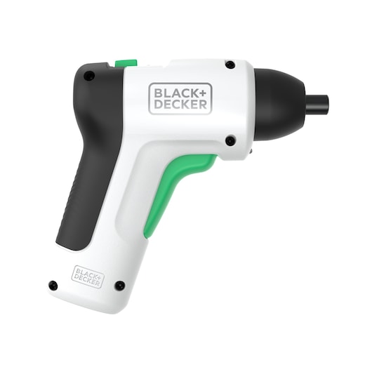 Photo of BLACK+DECKER white and black cordless screwdriver REVSD4C, side view on white background.