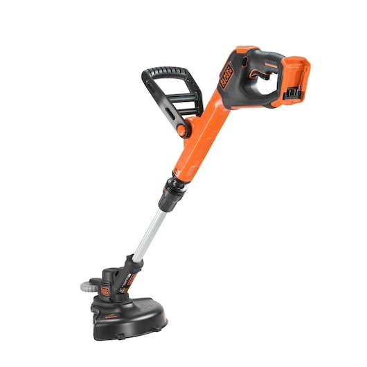 A BLACK+DECKER cordless grass trimmer with an orange and black design, adjustable handle, and cutting head.