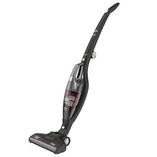 A BLACK+DECKER cordless stick vacuum cleaner in black and gray with red accents. The vacuum has a slim, upright design and a handle for easy maneuvering.
