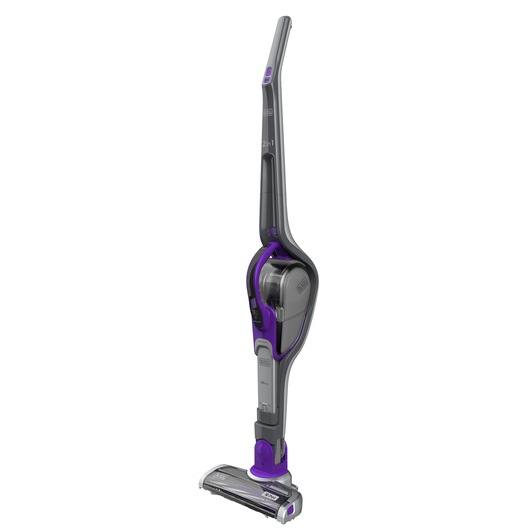 BLACKDECKER SVJ520BFSP cordless stick vacuum in gray and purple, upright angle, photography product