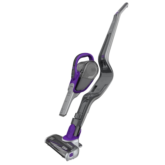 BLACKDECKER SVJ520BFSP cordless stick vacuum in gray and purple, front angle on white background.