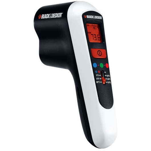 A BLACK+DECKER handheld infrared thermometer with a black and white casing, red digital display screen, and control buttons for temperature measurement.