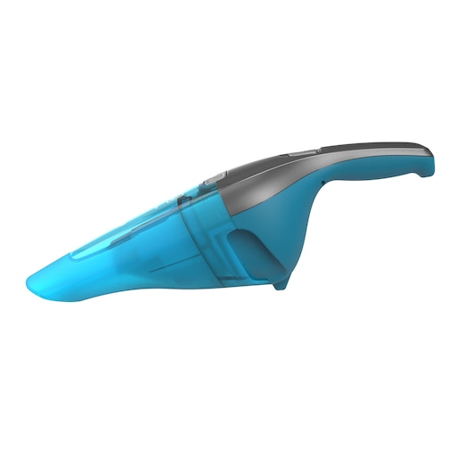 A handheld vacuum cleaner with a blue and gray design, shown in a side view against a white background.
