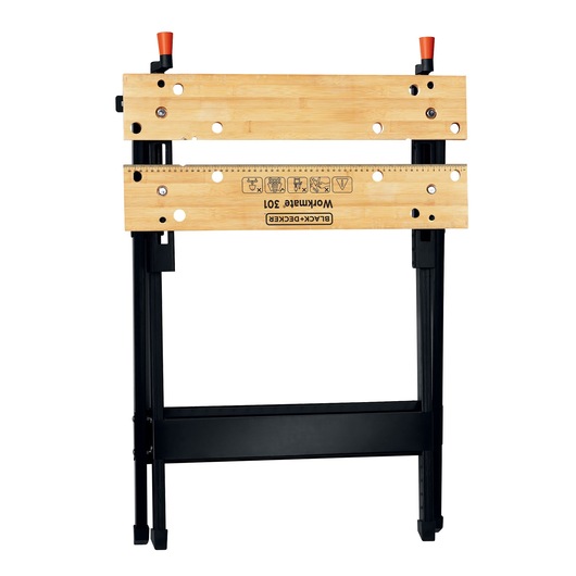 A BLACK+DECKER Workmate 301 portable workbench with a wooden top featuring measurement markings and a sturdy black metal frame, viewed upright against a white background.